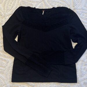Free People Black Open-Knit Tee with Crochet Detail Medium